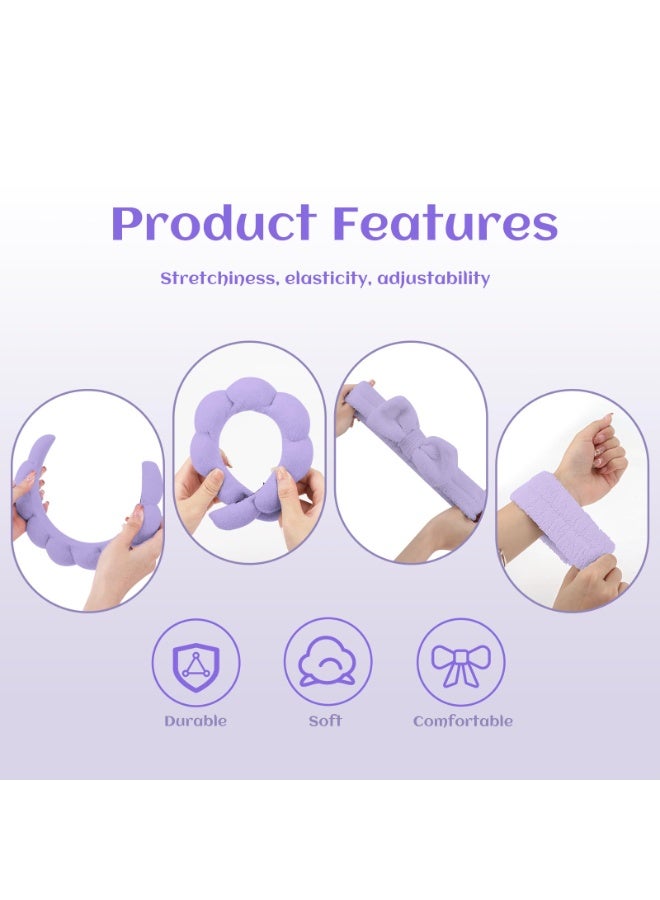 JUMEI 4 Pack Purple Spa Headband &  Wristbands Set, Soft Makeup Skincare Headbands with Bow, Face Wash Hair Accessories for Women - Image 4